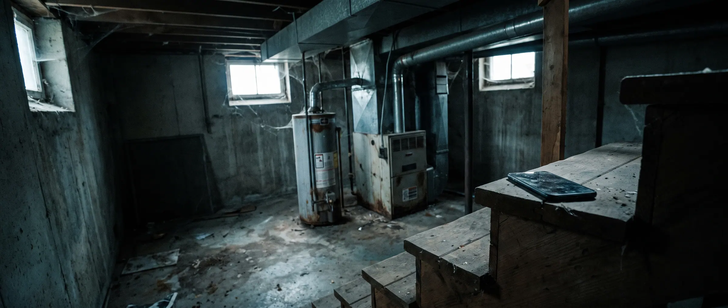 An unfinished basement mechanical room, a phone resting on the wooden stairs