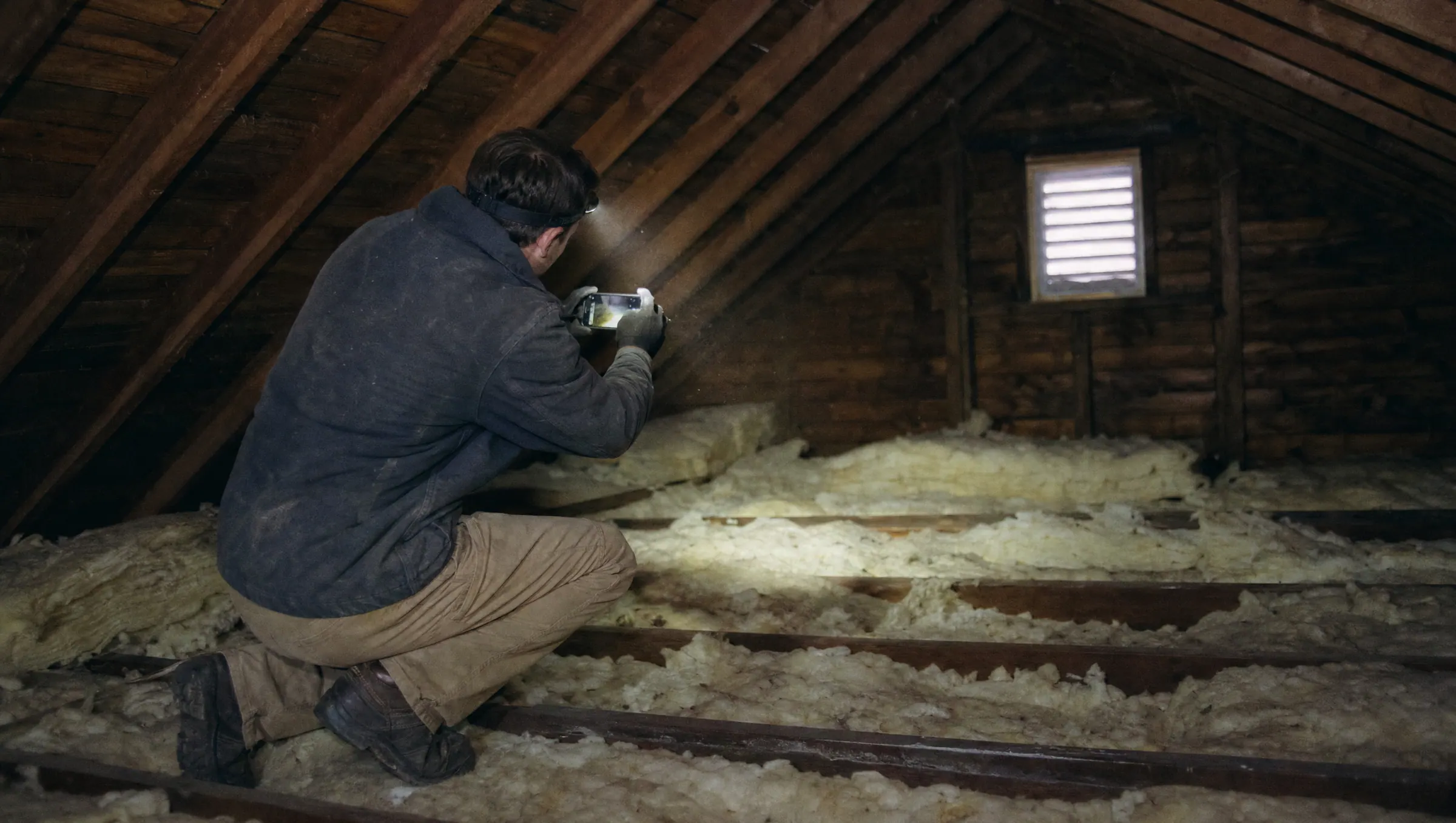 A home inspector crouched in an unfinished attic, photographing the insulation by headlamp