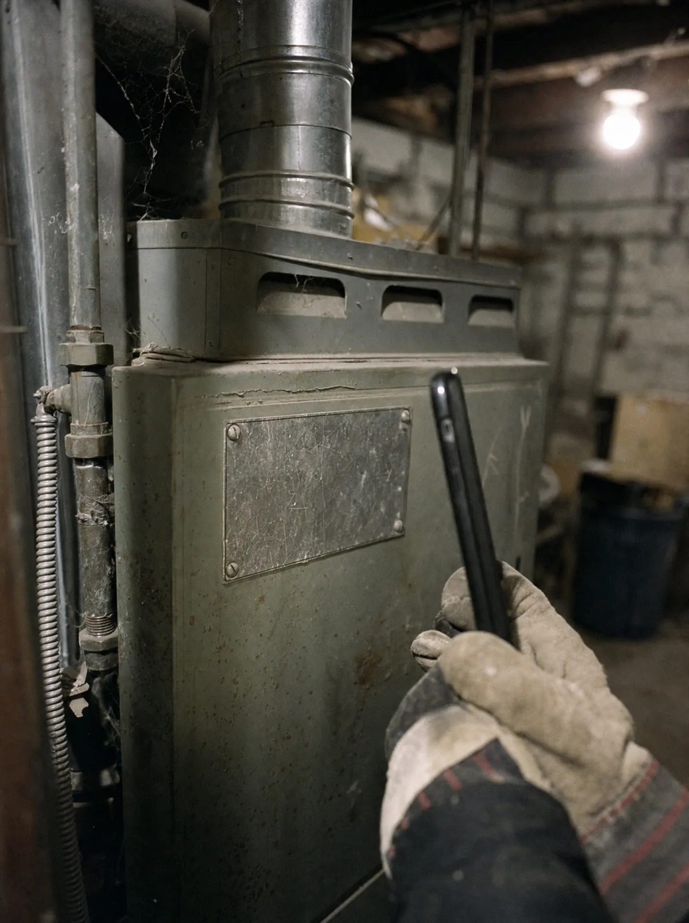 A gloved hand holding a phone up to the worn data plate on an old basement furnace
