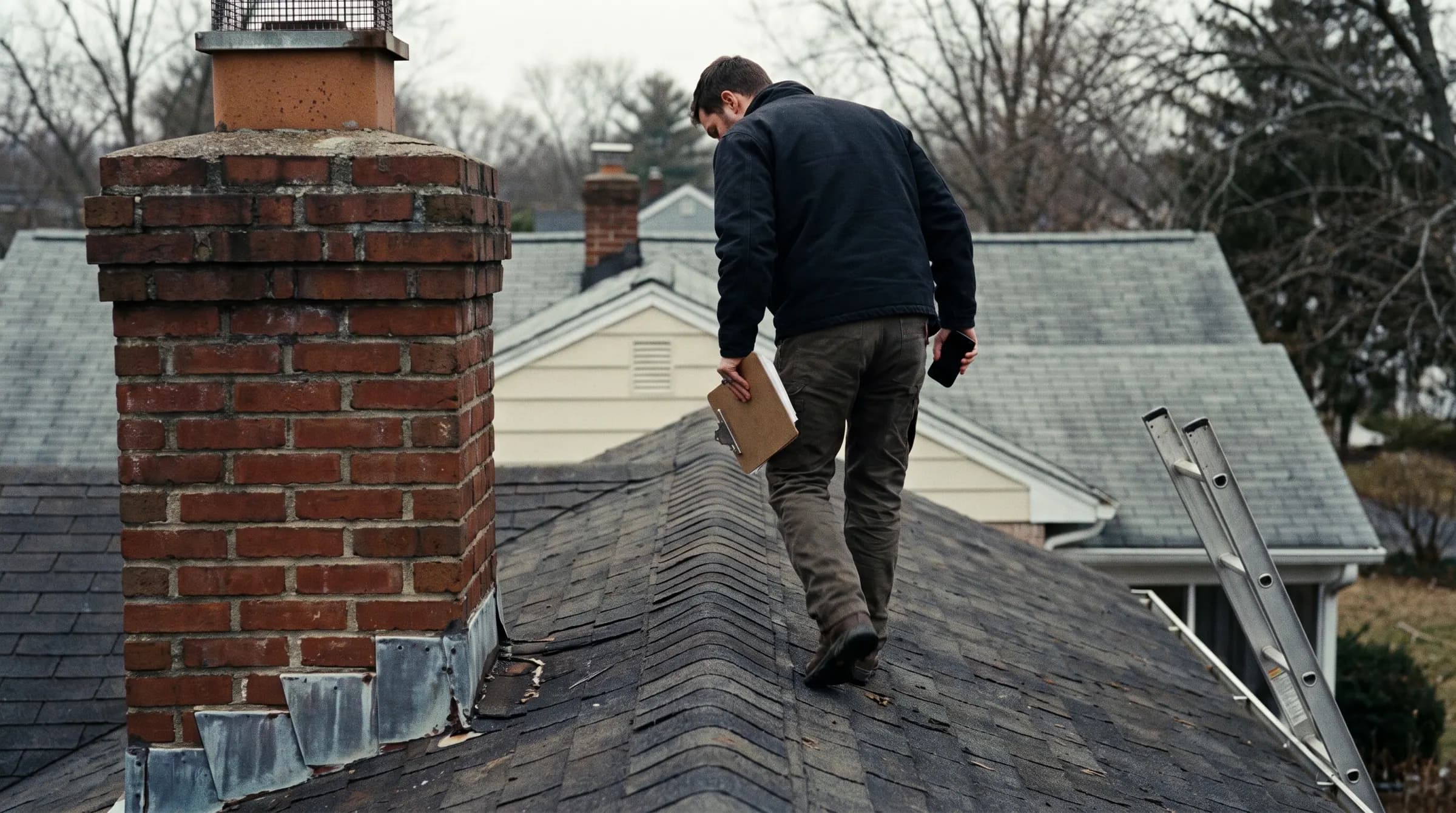 A home inspector walking an asphalt shingle roof at golden hour, a ladder against the eave