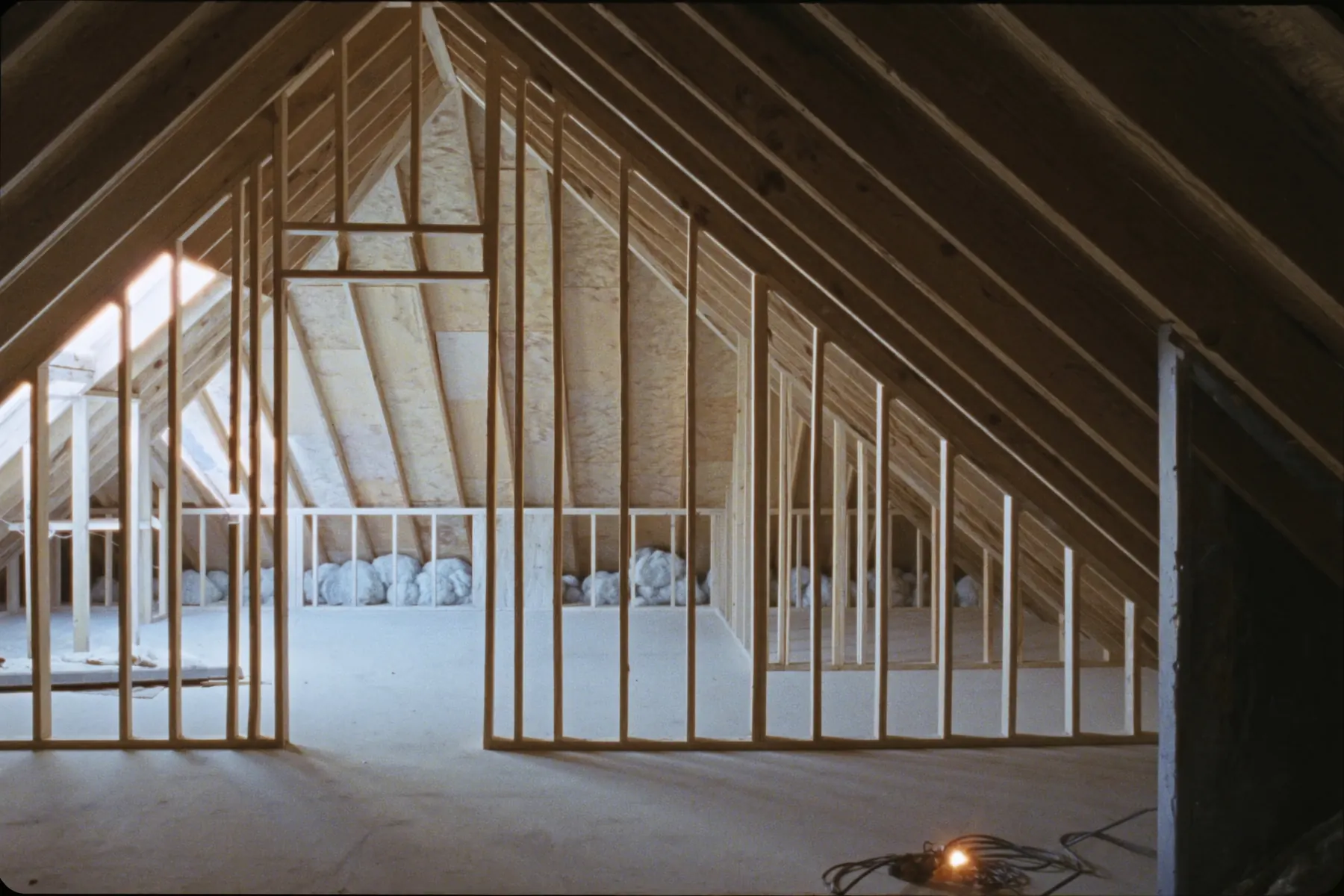 Exposed roof truss structure and insulation in an unfinished attic
